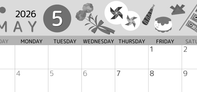 2026年5月横型モノクロの日曜始まり イベントイラストのかわいいA4無料白黒カレンダー(2026-00340500)