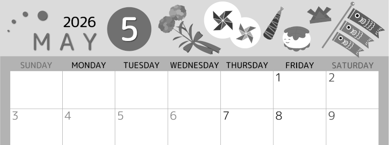 2026年5月横型モノクロの日曜始まり イベントイラストのかわいいA4無料白黒カレンダー(2026-00340500)