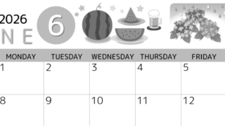 2026年6月横型モノクロの日曜始まり すいかイラストのかわいいA4無料白黒カレンダー(2026-00340600)