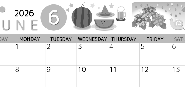 2026年6月横型モノクロの日曜始まり すいかイラストのかわいいA4無料白黒カレンダー(2026-00340600)