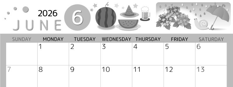 2026年6月横型モノクロの日曜始まり すいかイラストのかわいいA4無料白黒カレンダー(2026-00340600)