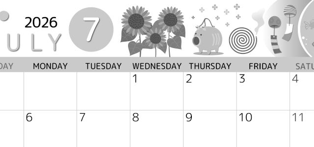 2026年7月横型モノクロの日曜始まり 蚊取り線香イラストのかわいいA4無料白黒カレンダー(2026-00340700)