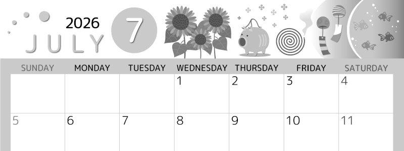 2026年7月横型モノクロの日曜始まり 蚊取り線香イラストのかわいいA4無料白黒カレンダー(2026-00340700)