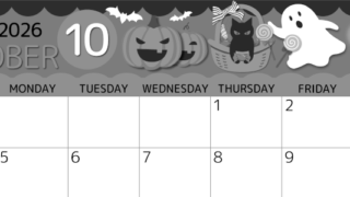 2026年10月横型モノクロの日曜始まり 行事イラストのかわいいA4無料白黒カレンダー(2026-00341000)