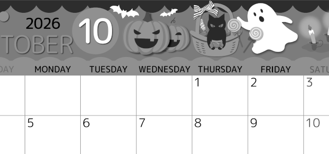 2026年10月横型モノクロの日曜始まり 行事イラストのかわいいA4無料白黒カレンダー(2026-00341000)
