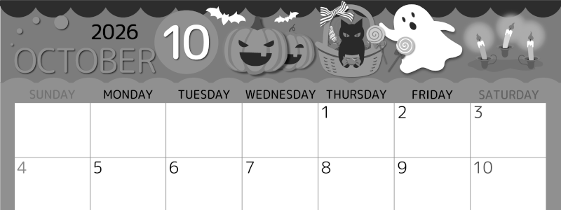 2026年10月横型モノクロの日曜始まり 行事イラストのかわいいA4無料白黒カレンダー(2026-00341000)