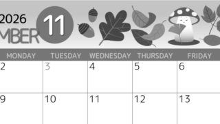 2026年11月横型モノクロの日曜始まり きのこイラストのかわいいA4無料白黒カレンダー(2026-00341100)