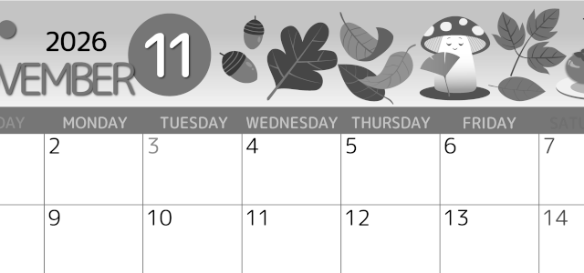 2026年11月横型モノクロの日曜始まり きのこイラストのかわいいA4無料白黒カレンダー(2026-00341100)