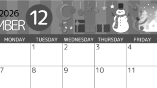 2026年12月横型モノクロの日曜始まり 雪だるまイラストのかわいいA4無料白黒カレンダー(2026-00341200)