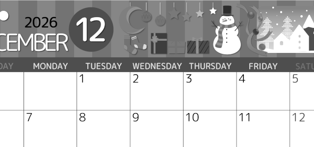2026年12月横型モノクロの日曜始まり 雪だるまイラストのかわいいA4無料白黒カレンダー(2026-00341200)