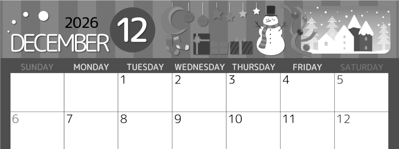 2026年12月横型モノクロの日曜始まり 雪だるまイラストのかわいいA4無料白黒カレンダー(2026-00341200)
