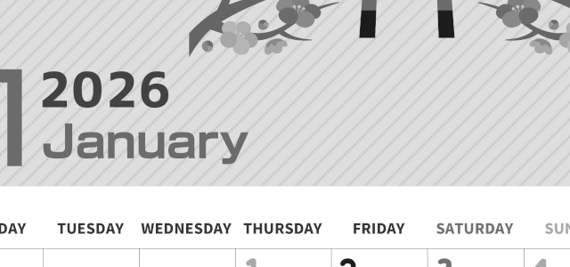 2026年1月縦型モノクロの日曜始まり めでたい鳥居イラストのかわいいA4無料白黒カレンダー(2026-00350111)