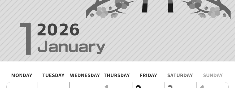 2026年1月縦型モノクロの日曜始まり めでたい鳥居イラストのかわいいA4無料白黒カレンダー(2026-00350111)