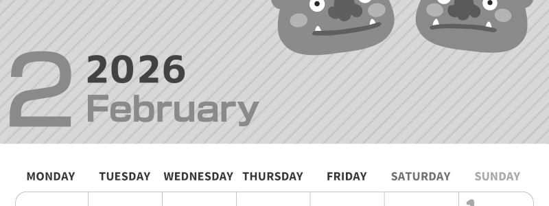 2026年2月縦型モノクロの月曜始まり 鬼カップルがかわいいイラストA4無料白黒カレンダー(2026-00350211)