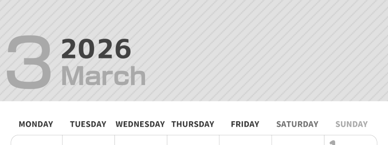 2026年3月縦型モノクロの月曜始まり イラストのかわいいA4無料白黒カレンダー(2026-00350311)