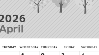 2026年4月縦型モノクロの月曜始まり 桜木イラストのかわいいA4無料白黒カレンダー(2026-00350411)