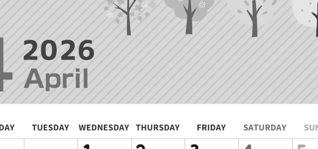 2026年4月縦型モノクロの月曜始まり 桜木イラストのかわいいA4無料白黒カレンダー(2026-00350411)