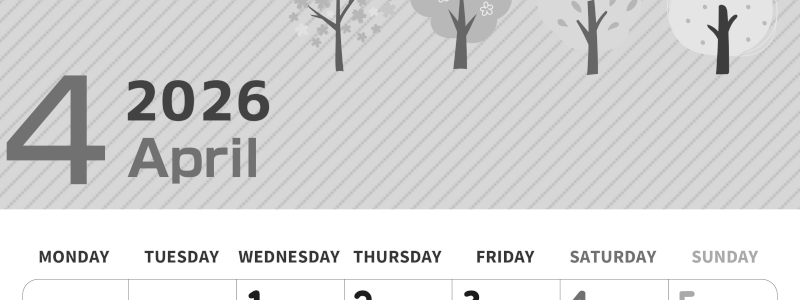 2026年4月縦型モノクロの月曜始まり 桜木イラストのかわいいA4無料白黒カレンダー(2026-00350411)