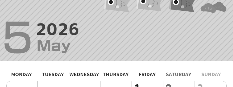 2026年5月縦型モノクロの月曜始まり 鯉のイラストのかわいいA4無料白黒カレンダー(2026-00350511)