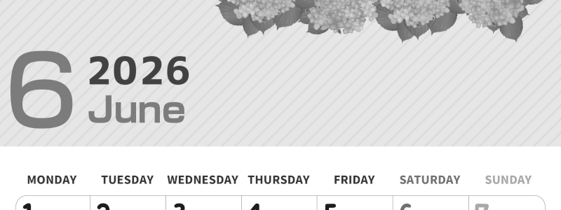 2026年6月縦型モノクロの月曜始まり 季節の花イラストのかわいいA4無料白黒カレンダー(2026-00350611)