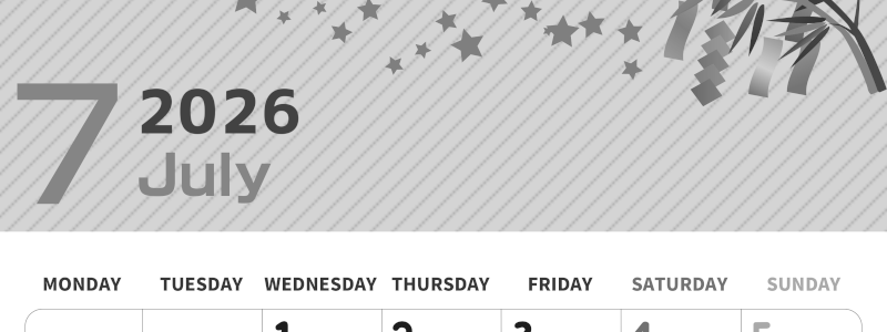 2026年7月縦型モノクロの月曜始まり 天の川イラストのかわいいA4無料白黒カレンダー(2026-00350711)