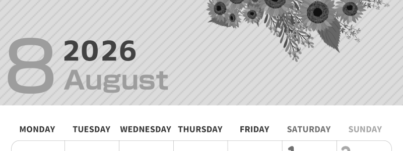 2026年8月縦型モノクロの月曜始まり 向日葵のイラストがかわいいA4無料白黒カレンダー(2026-00350811)