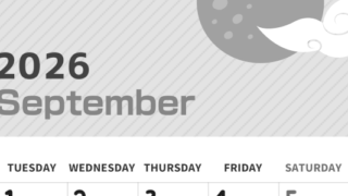 2026年9月縦型モノクロの月曜始まり 満月イラストのかわいいA4無料白黒カレンダー(2026-00350911)