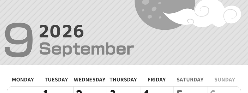 2026年9月縦型モノクロの月曜始まり 満月イラストのかわいいA4無料白黒カレンダー(2026-00350911)