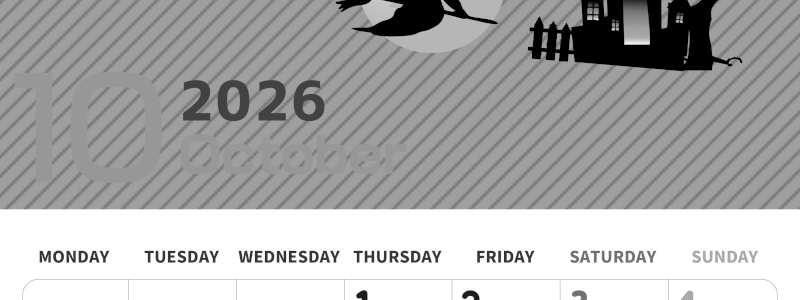 2026年10月縦型モノクロの月曜始まり お屋敷イラストのかわいいA4無料白黒カレンダー(2026-00351011)