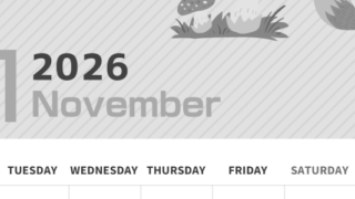 2026年11月縦型モノクロの月曜始まり 小動物イラストのかわいいA4無料白黒カレンダー(2026-00351111)