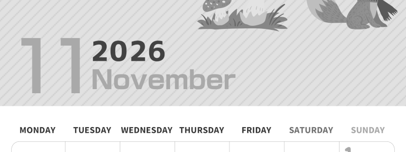 2026年11月縦型モノクロの月曜始まり 小動物イラストのかわいいA4無料白黒カレンダー(2026-00351111)