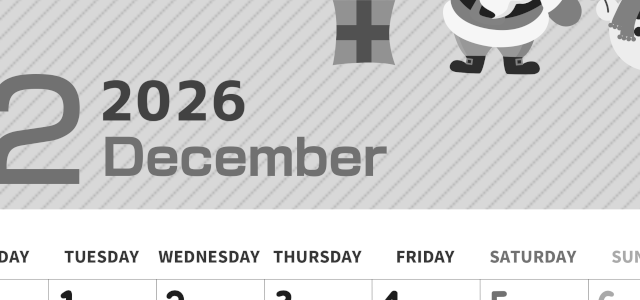 2026年12月縦型モノクロの月曜始まり 行事イラストのかわいいA4無料白黒カレンダー(2026-00351211)