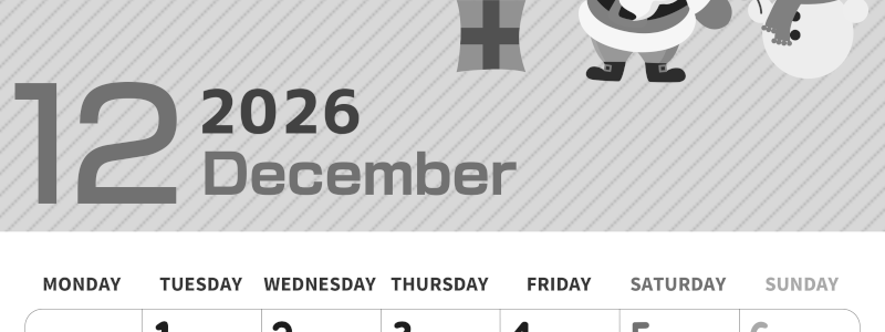 2026年12月縦型モノクロの月曜始まり 行事イラストのかわいいA4無料白黒カレンダー(2026-00351211)