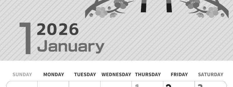 2026年1月縦型モノクロの日曜始まり 鳥居イラストのかわいいA4無料白黒カレンダー(2026-00350110)