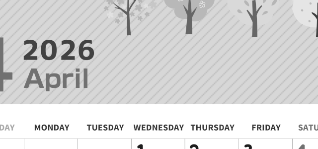 2026年4月縦型モノクロの日曜始まり 桜木イラストのかわいいA4無料白黒カレンダー(2026-00350410)