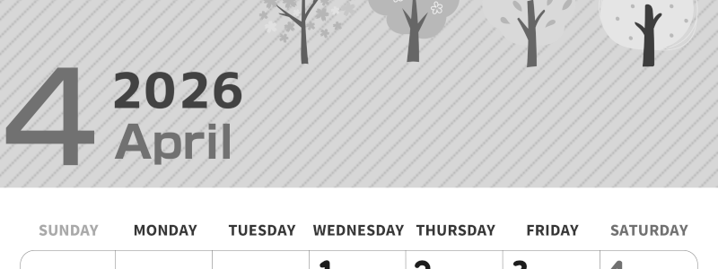 2026年4月縦型モノクロの日曜始まり 桜木イラストのかわいいA4無料白黒カレンダー(2026-00350410)