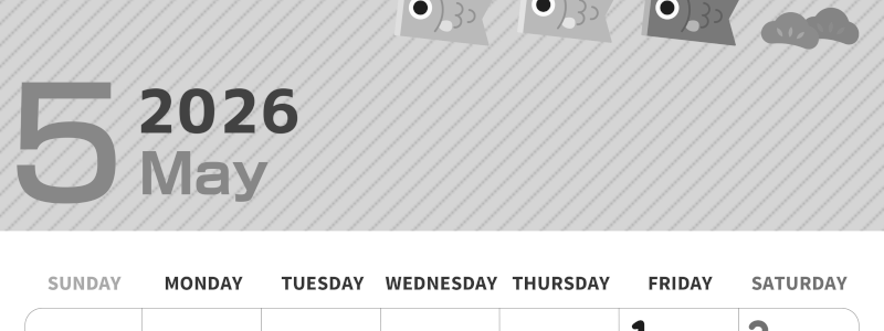 2026年5月縦型モノクロの日曜始まり 鯉のイラストのかわいいA4無料白黒カレンダー(2026-00350510)