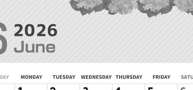 2026年6月縦型モノクロの日曜始まり 季節の花イラストのかわいいA4無料白黒カレンダー(2026-00350610)