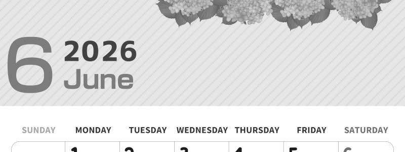 2026年6月縦型モノクロの日曜始まり 季節の花イラストのかわいいA4無料白黒カレンダー(2026-00350610)