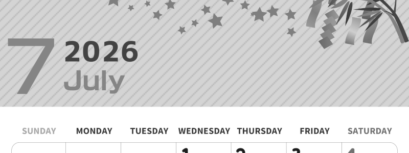 2026年7月縦型モノクロの日曜始まり 天の川イラストのかわいいA4無料白黒カレンダー(2026-00350710)