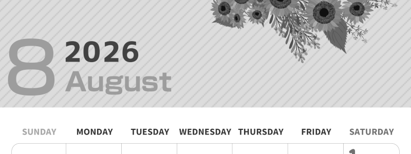 2026年8月縦型モノクロの日曜始まり 向日葵のイラストがかわいいA4無料白黒カレンダー(2026-00350810)