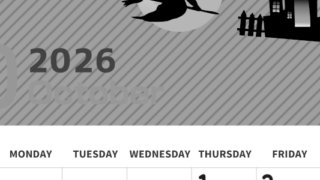 2026年10月縦型モノクロの日曜始まり お屋敷イラストのかわいいA4無料白黒カレンダー(2026-00351010)