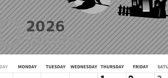 2026年10月縦型モノクロの日曜始まり お屋敷イラストのかわいいA4無料白黒カレンダー(2026-00351010)