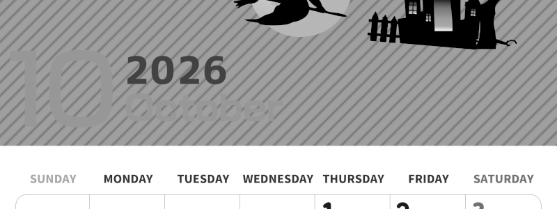 2026年10月縦型モノクロの日曜始まり お屋敷イラストのかわいいA4無料白黒カレンダー(2026-00351010)