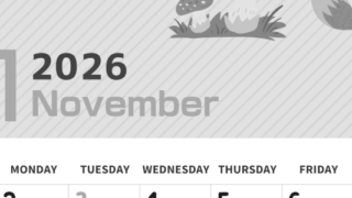 2026年11月縦型モノクロの日曜始まり 小動物イラストのかわいいA4無料白黒カレンダー(2026-00351110)