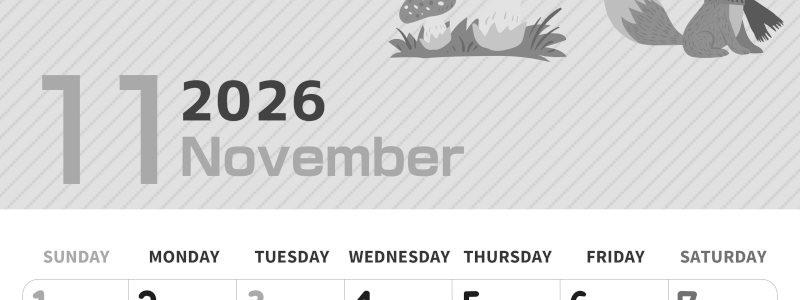 2026年11月縦型モノクロの日曜始まり 小動物イラストのかわいいA4無料白黒カレンダー(2026-00351110)