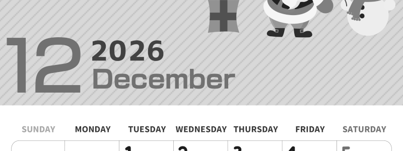 2026年12月縦型モノクロの日曜始まり 行事イラストのかわいいA4無料白黒カレンダー(2026-00351210)