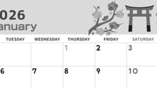 2026年1月横型モノクロの月曜始まり 神社の鳥居イラストのかわいいA4無料白黒カレンダー(2026-00350101)