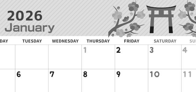 2026年1月横型モノクロの月曜始まり 神社の鳥居イラストのかわいいA4無料白黒カレンダー(2026-00350101)