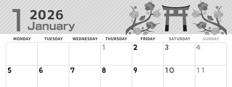 2026年1月横型モノクロの月曜始まり 神社の鳥居イラストのかわいいA4無料白黒カレンダー(2026-00350101)